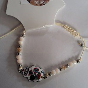 SUGAR SKULL IVORY DAY OF THE DEAD CHARM PULL STRING BRACELET UNISEX HALLOWEEN